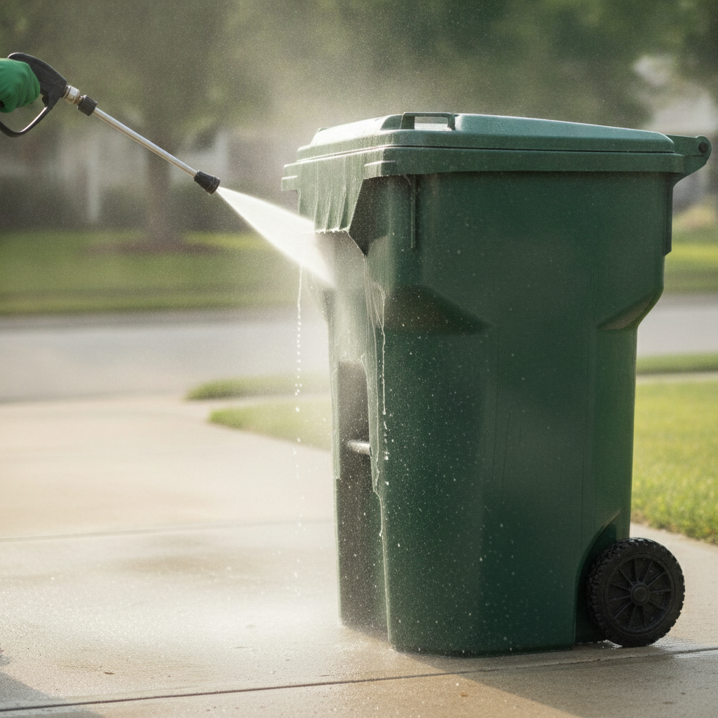 Trash Bin pressure washing no peoples faces just hand